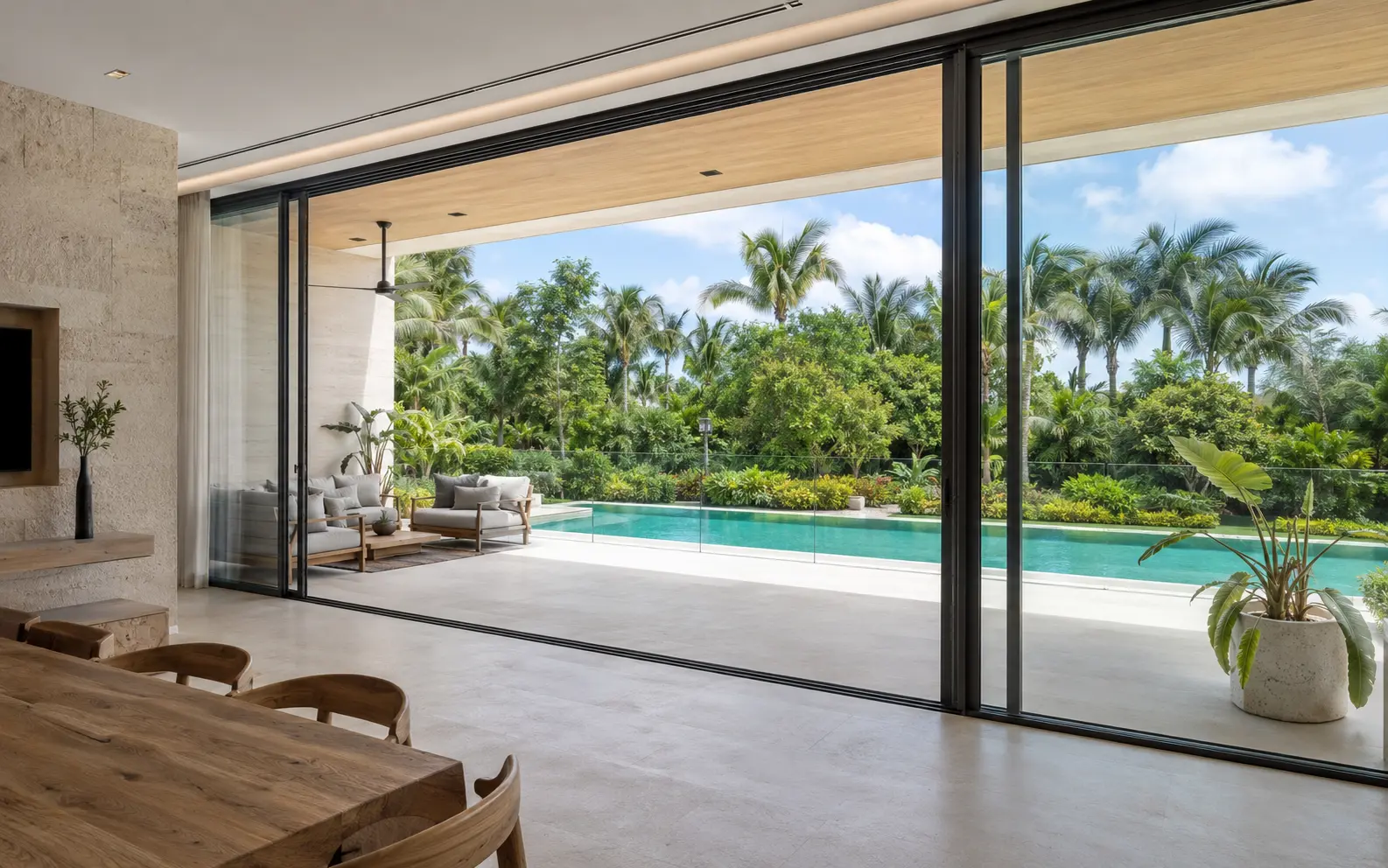 Interior contemporáneo conectado con una terraza y alberca mediante amplios ventanales corredizos